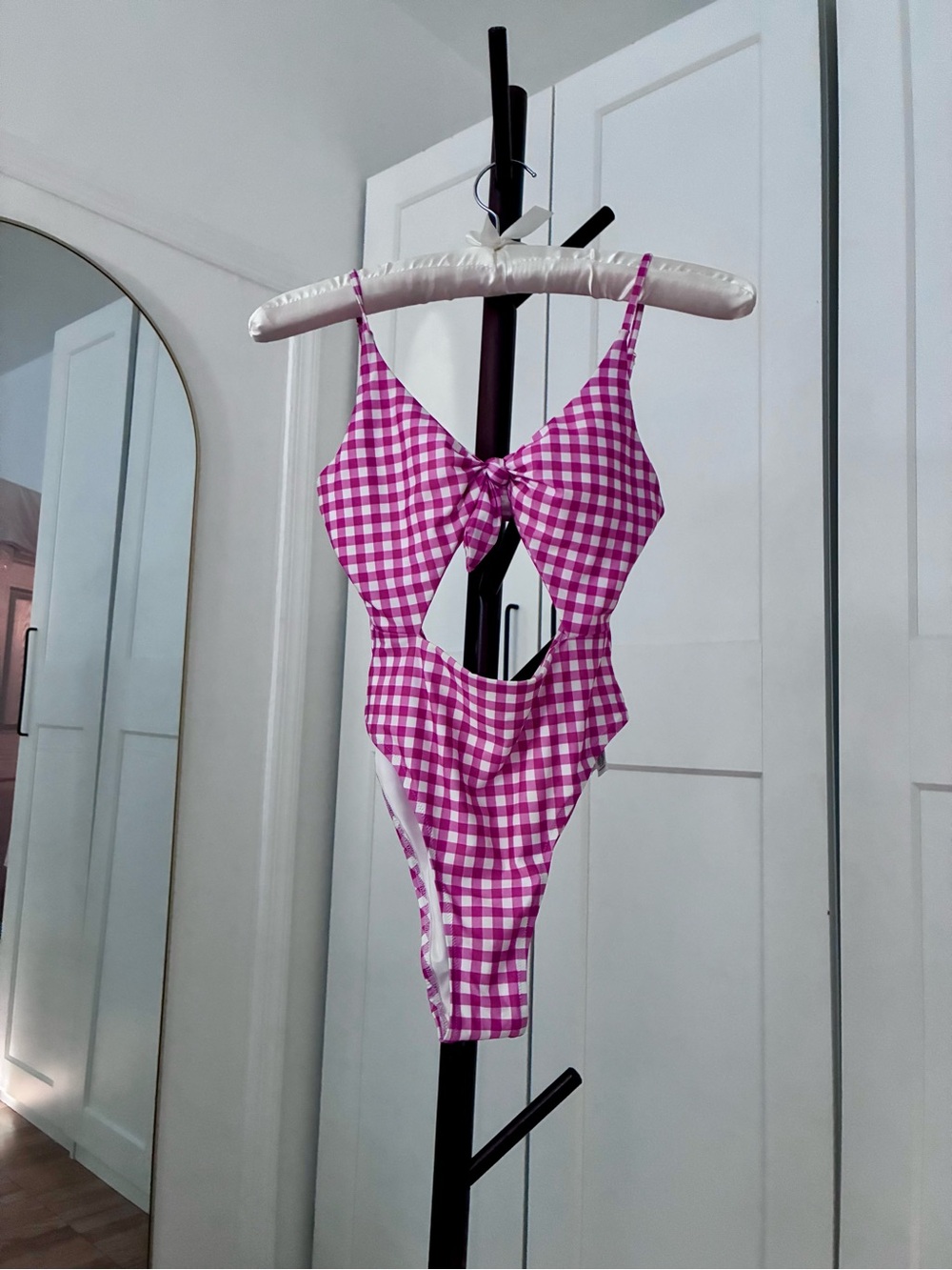 Guess Pink Gingham Cutout One-Piece Swimsuit with Front Tie